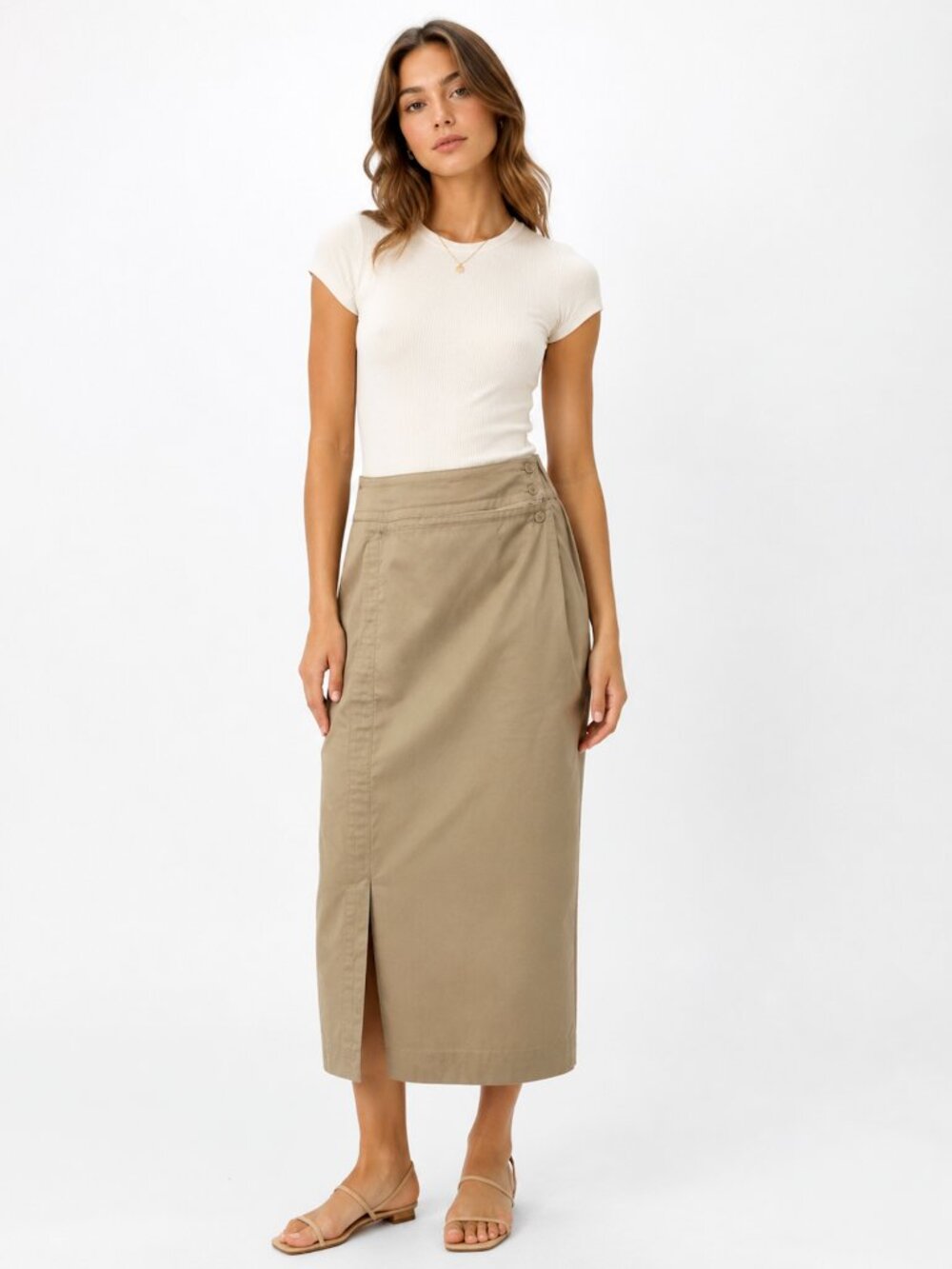 Vintage Khaki Wrap Midi Skirt 70s Safari Style by Giorgio Sant’Angelo